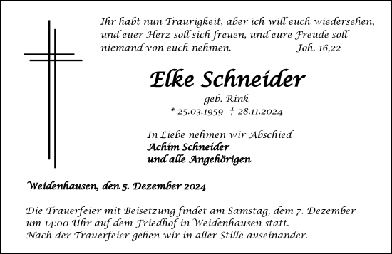 Traueranzeige von Elke Schneider von Hinterländer Anzeiger