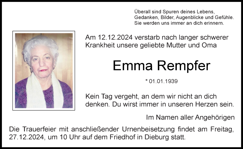  Traueranzeige für Emma Rempfer vom 21.12.2024 aus Dieburger Anzeiger/Groß-Zimmerner Lokal-Anzeiger