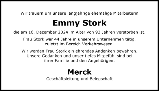 Traueranzeige von Emmy Stork von Darmstädter Echo