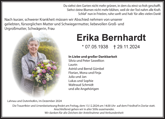 Traueranzeige von Erika Bernhardt von Wetzlarer Neue Zeitung