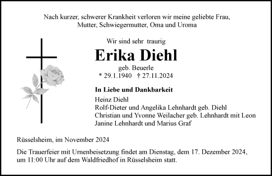 Traueranzeige von Erika Diehl von Rüsselsheimer Echo