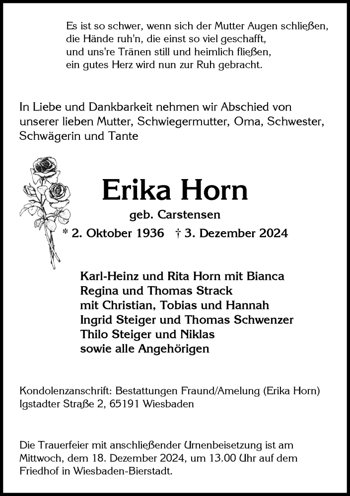  Traueranzeige für Erika Horn vom 07.12.2024 aus Wiesbadener Kurier