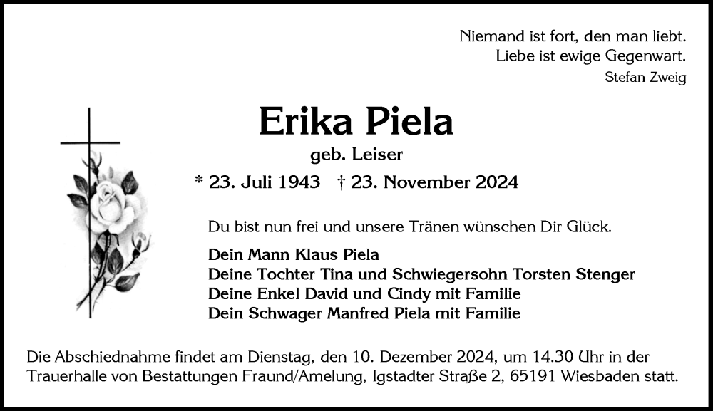  Traueranzeige für Erika Piela vom 07.12.2024 aus Wiesbadener Kurier