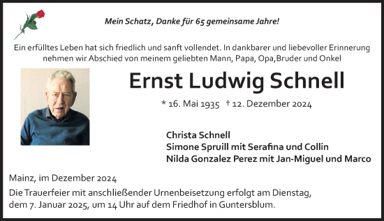 Traueranzeige von Ernst Ludwig Schnell von Allgemeine Zeitung Mainz