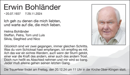 Traueranzeige von Erwin Bohländer von Darmstädter Echo