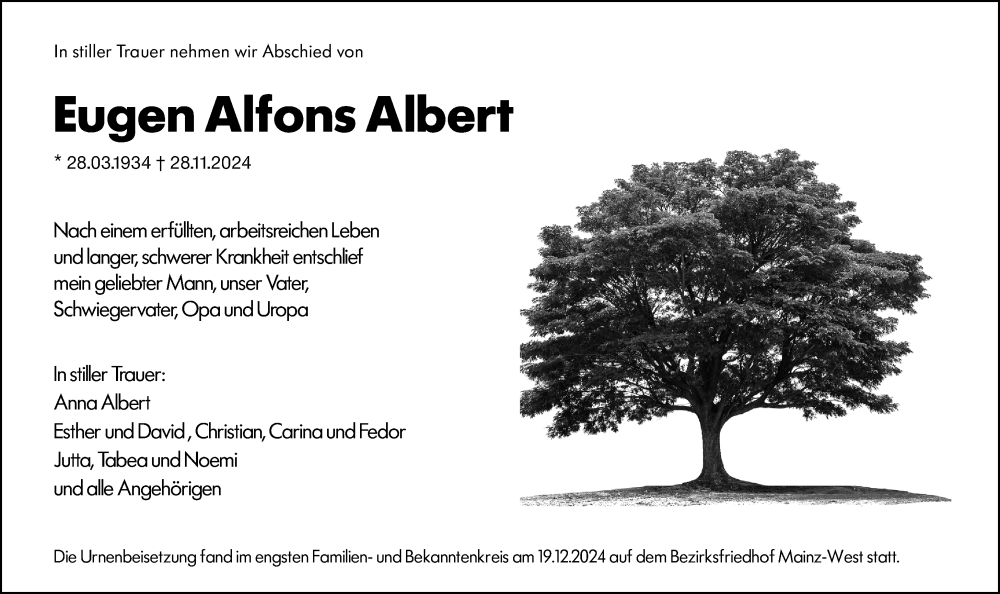  Traueranzeige für Eugen Alfons Albert vom 21.12.2024 aus Allgemeine Zeitung Mainz