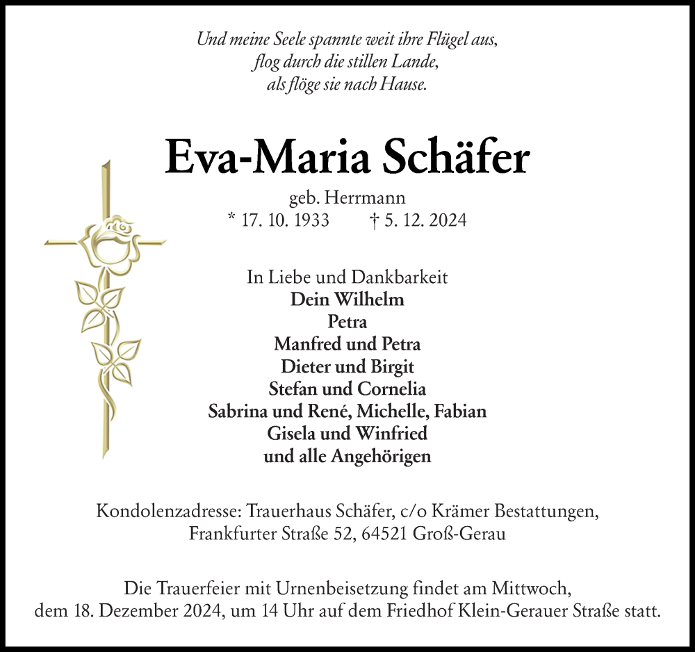  Traueranzeige für Eva-Maria Schäfer vom 14.12.2024 aus Groß-Gerauer Echo