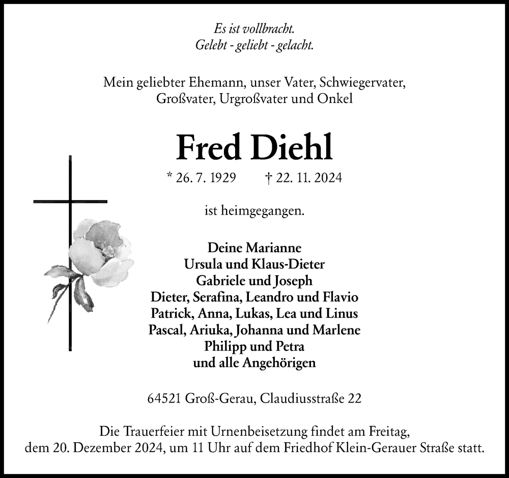  Traueranzeige für Fred Diehl vom 14.12.2024 aus Groß-Gerauer Echo