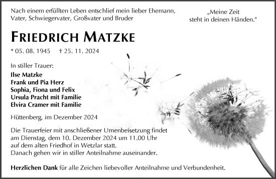 Traueranzeige von Friedrich Matzke von Wetzlarer Neue Zeitung