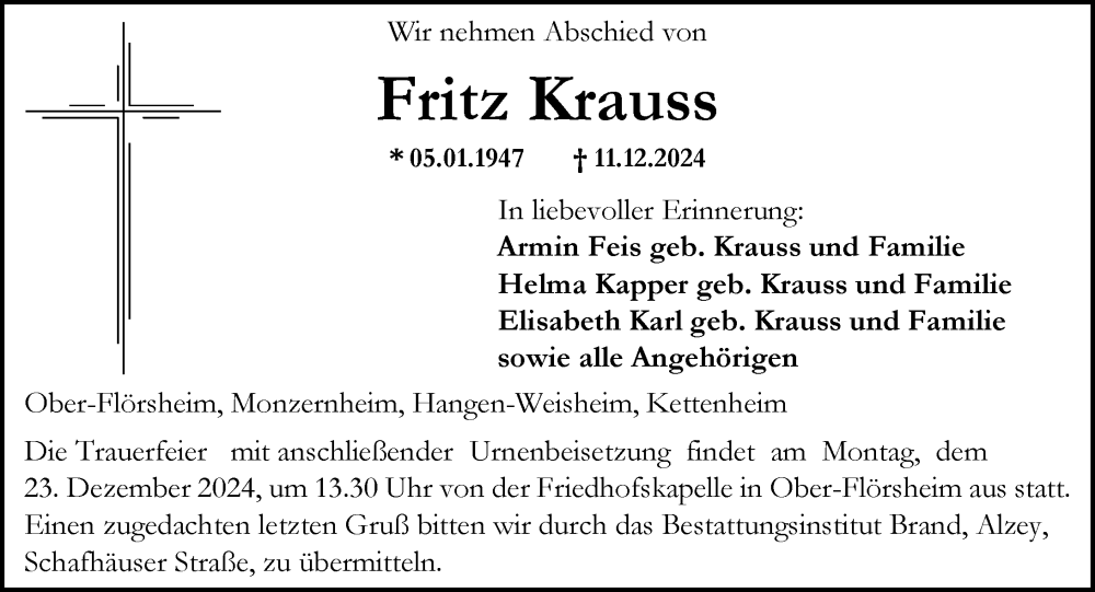  Traueranzeige für Fritz Krauss vom 14.12.2024 aus Allgemeine Zeitung Alzey