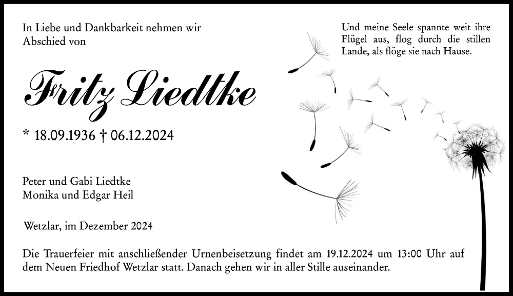  Traueranzeige für Fritz Liedtke vom 14.12.2024 aus Wetzlarer Neue Zeitung