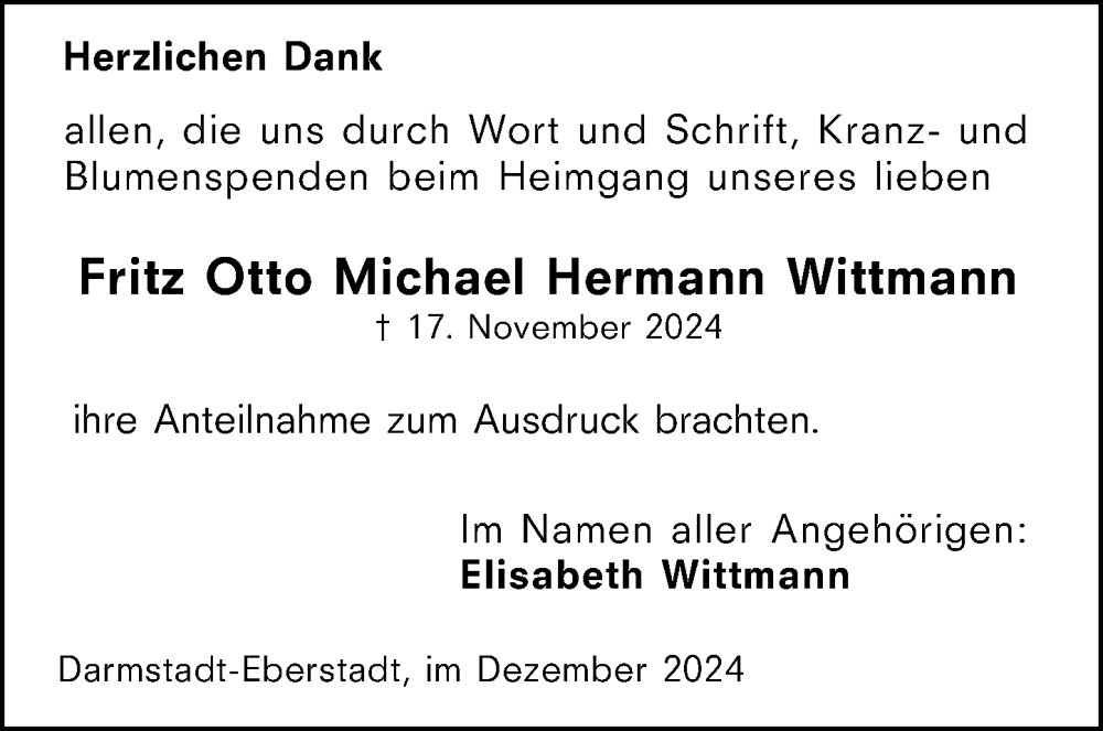  Traueranzeige für Fritz Otto Michael Hermann Wittmann vom 21.12.2024 aus Darmstädter Echo