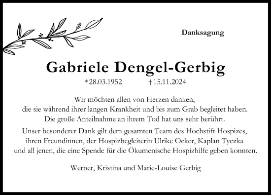 Traueranzeige von Gabriele Dengel-Gerbig von Wormser Zeitung