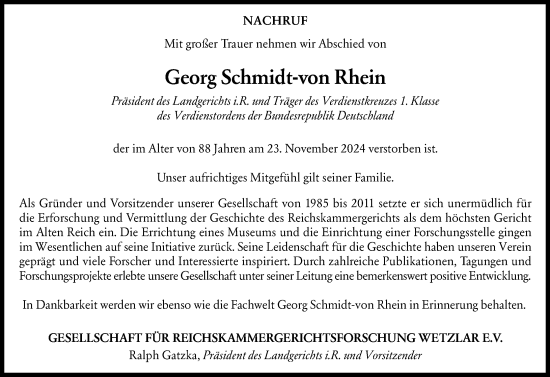 Traueranzeige von Georg Schmidt-von Rhein von Wiesbadener Kurier