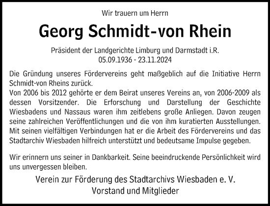 Traueranzeige von Georg Schmidt-von Rhein von Wiesbadener Kurier