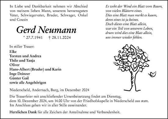 Traueranzeige von Gerd Neumann von Dill Block