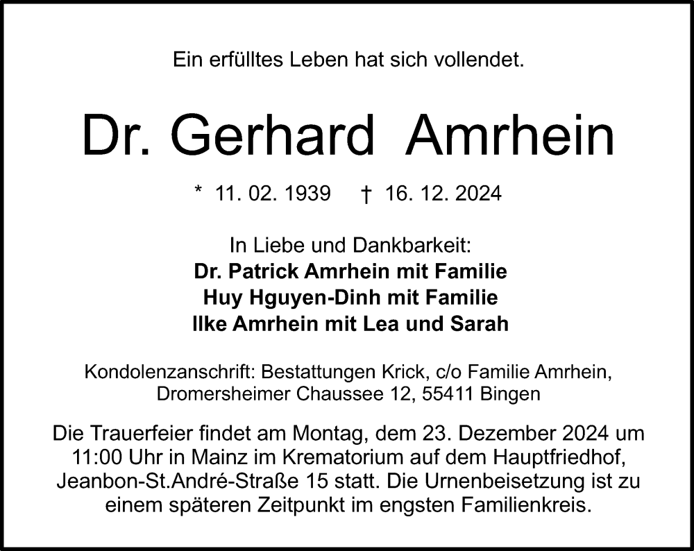  Traueranzeige für Gerhard Amrhein vom 20.12.2024 aus Allgemeine Zeitung Rheinhessen-Nahe
