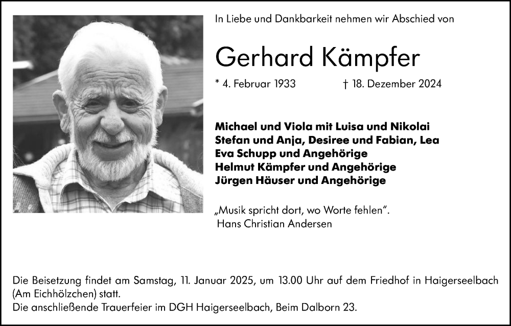  Traueranzeige für Gerhard Kämpfer vom 24.12.2024 aus Dill Block