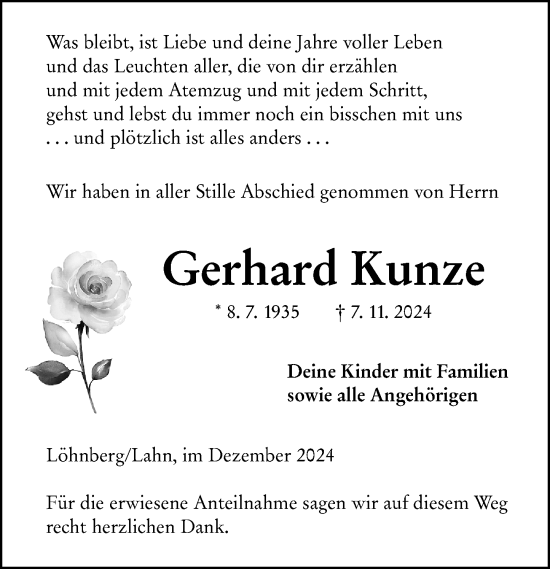 Traueranzeige von Gerhard Kunze von Weilburger Tageblatt
