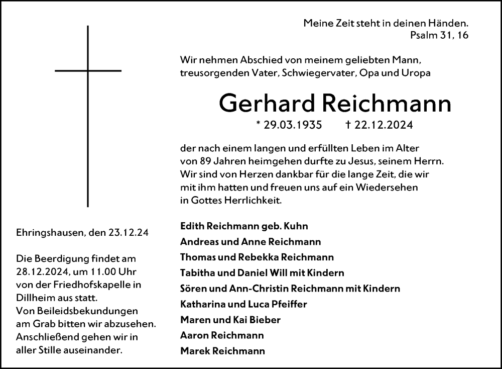  Traueranzeige für Gerhard Reichmann vom 24.12.2024 aus Wetzlarer Neue Zeitung