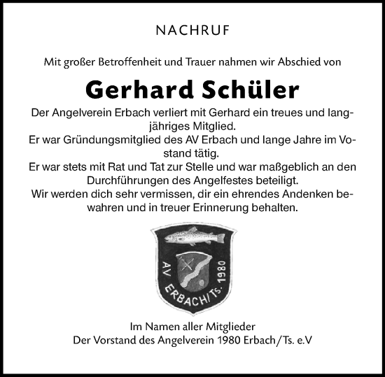 Traueranzeige von Gerhard Schüler von Camberger Anzeiger