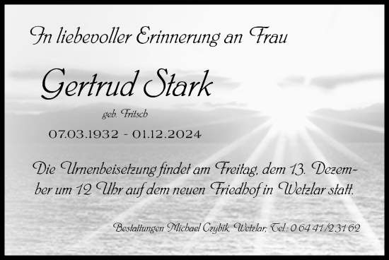 Traueranzeige von Gertrud Stark von Wetzlarer Neue Zeitung