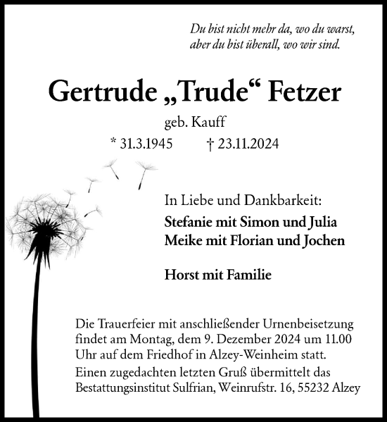 Traueranzeige von Gertrude Fetzer von Allgemeine Zeitung Alzey
