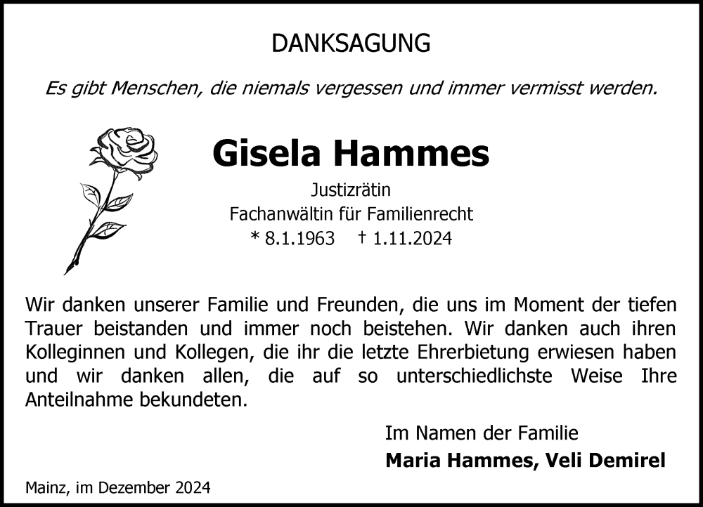  Traueranzeige für Gisela Hammes vom 21.12.2024 aus Allgemeine Zeitung Mainz