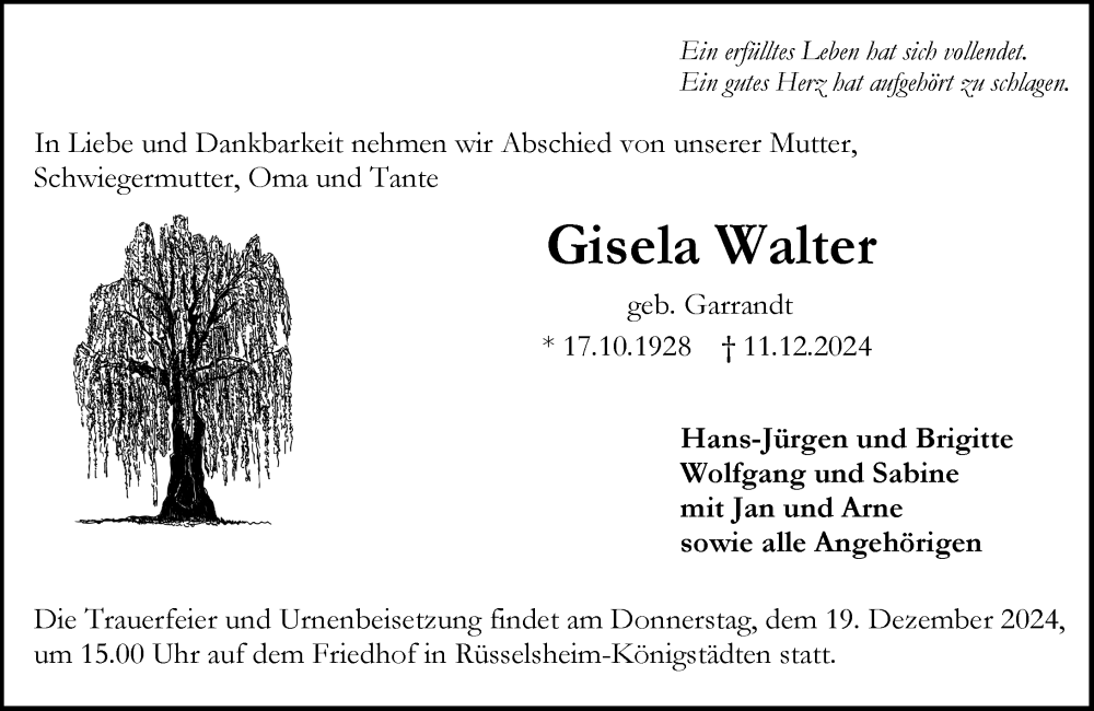  Traueranzeige für Gisela Walter vom 14.12.2024 aus Rüsselsheimer Echo