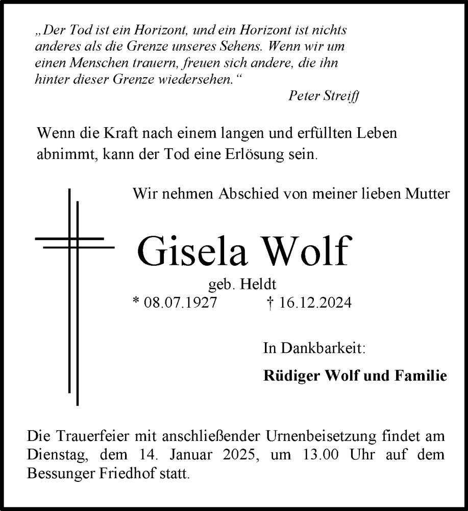  Traueranzeige für Gisela Wolf vom 21.12.2024 aus Darmstädter Echo