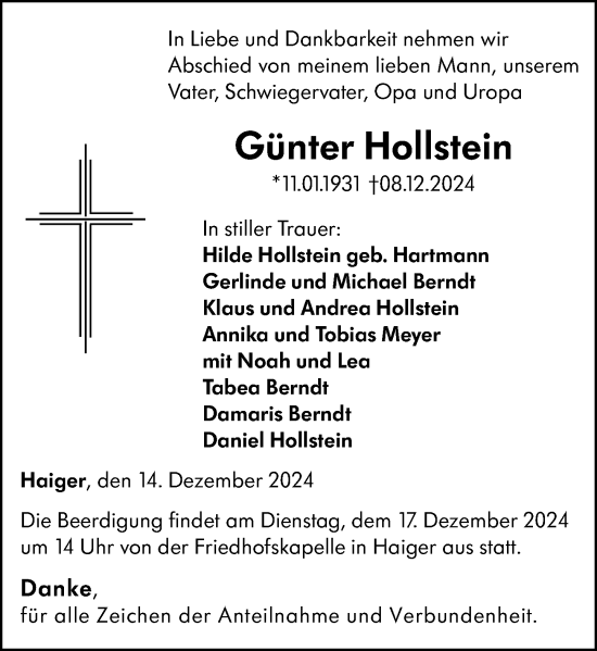 Traueranzeige von Günter Hollstein von Dill Block