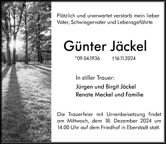 Traueranzeige von Günter Jäckel von Darmstädter Echo