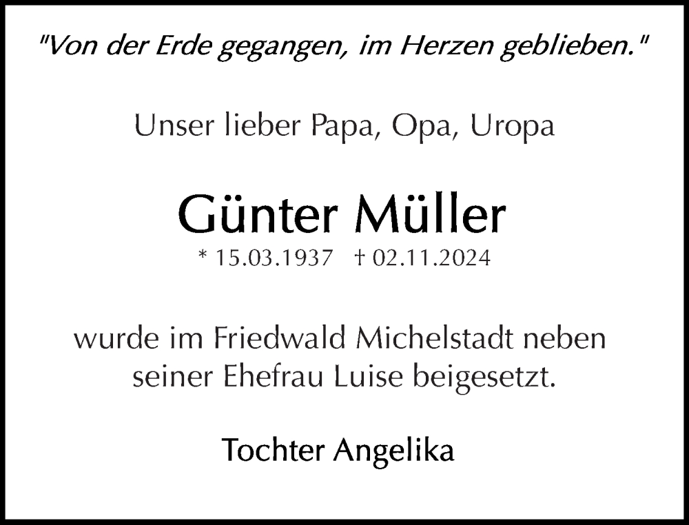  Traueranzeige für Günter Müller vom 07.12.2024 aus Odenwälder Echo