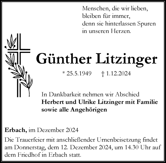 Traueranzeige von Günther Litzinger von Camberger Anzeiger
