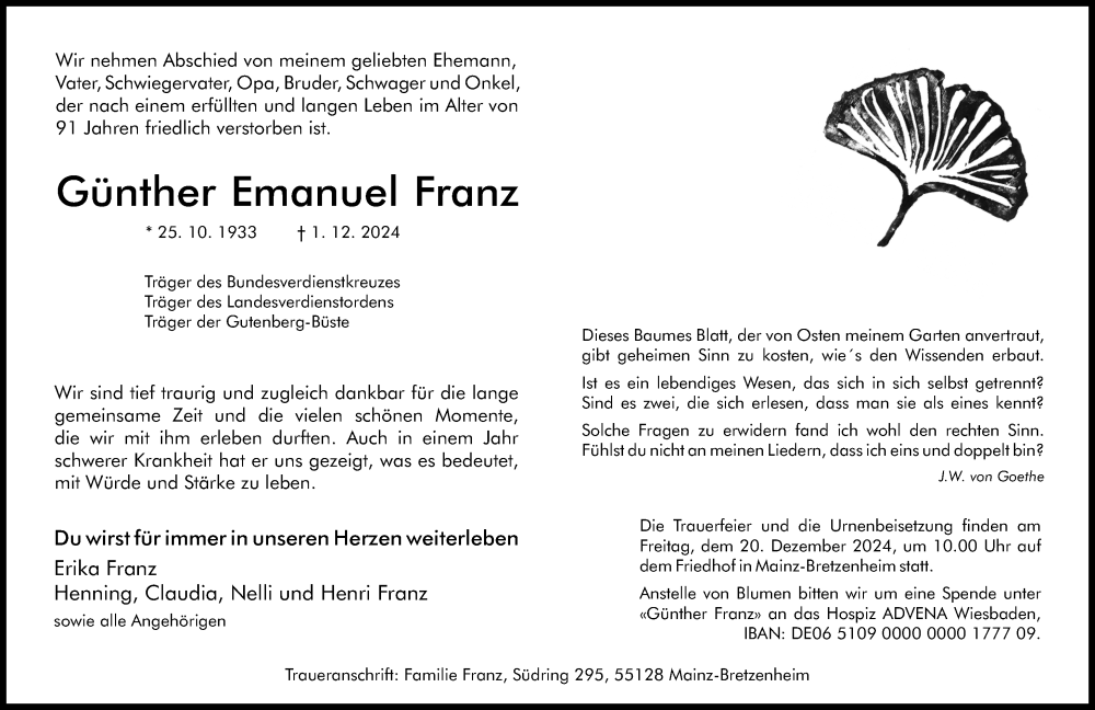  Traueranzeige für Günther Emanuel Franz vom 14.12.2024 aus Allgemeine Zeitung Mainz