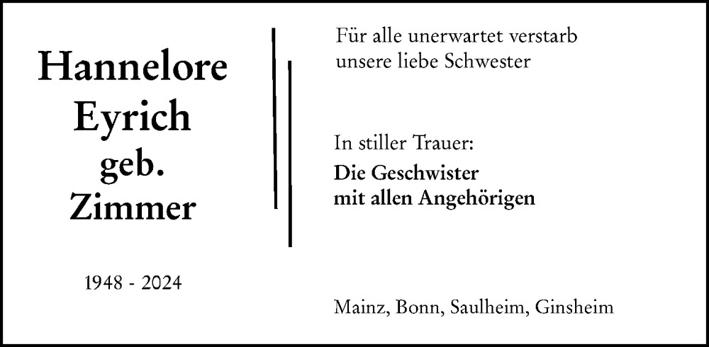  Traueranzeige für Hannelore Eyrich vom 14.12.2024 aus Allgemeine Zeitung Mainz