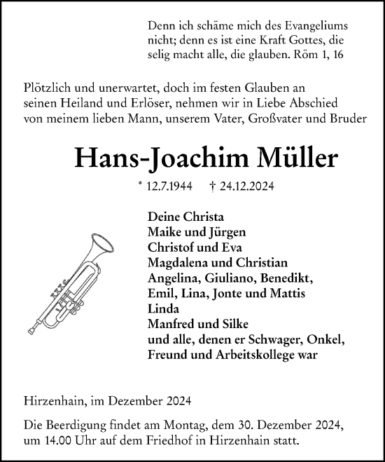 Traueranzeige von Hans-Joachim Müller von Dill Block