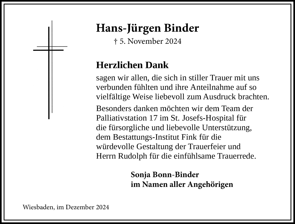  Traueranzeige für Hans-Jürgen Binder vom 07.12.2024 aus Wiesbadener Kurier