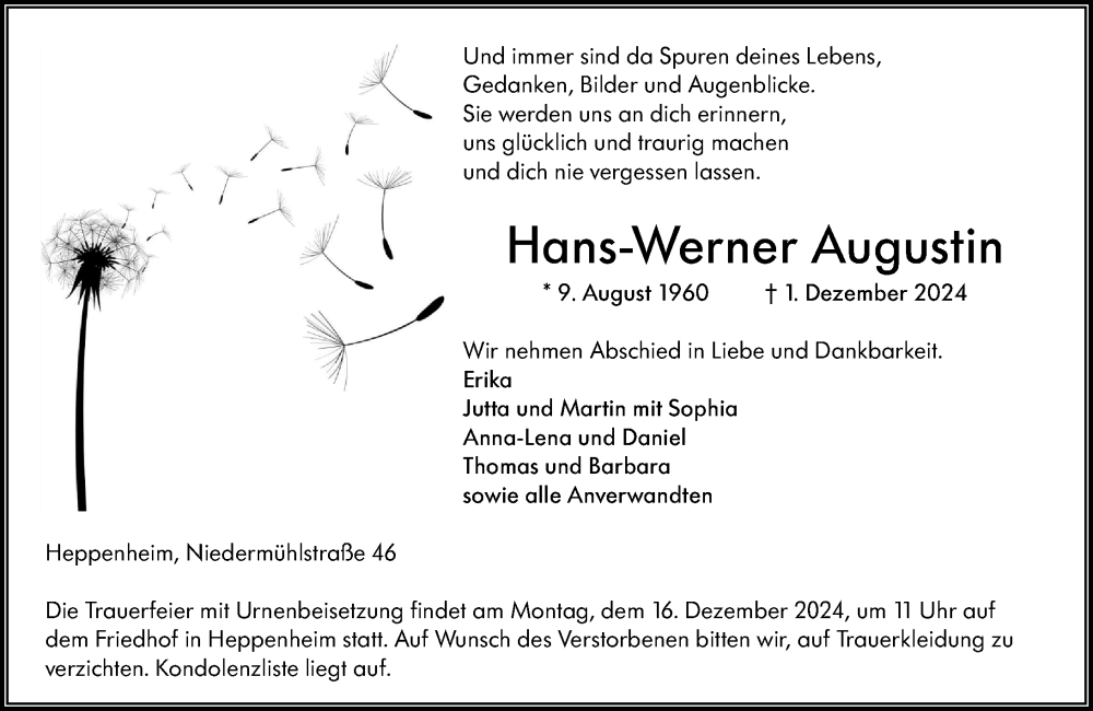 Traueranzeige für Hans-Werner Augustin vom 07.12.2024 aus Starkenburger Echo
