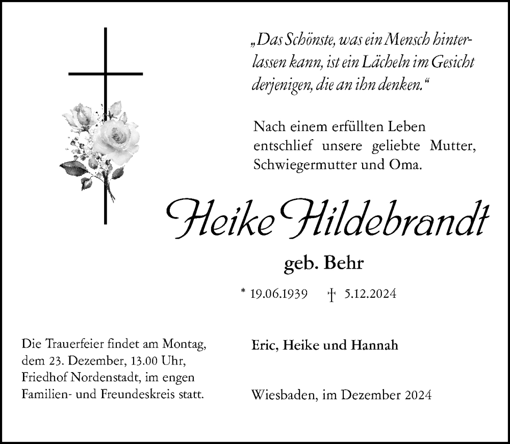  Traueranzeige für Heike Hildebrandt vom 14.12.2024 aus Wiesbadener Kurier