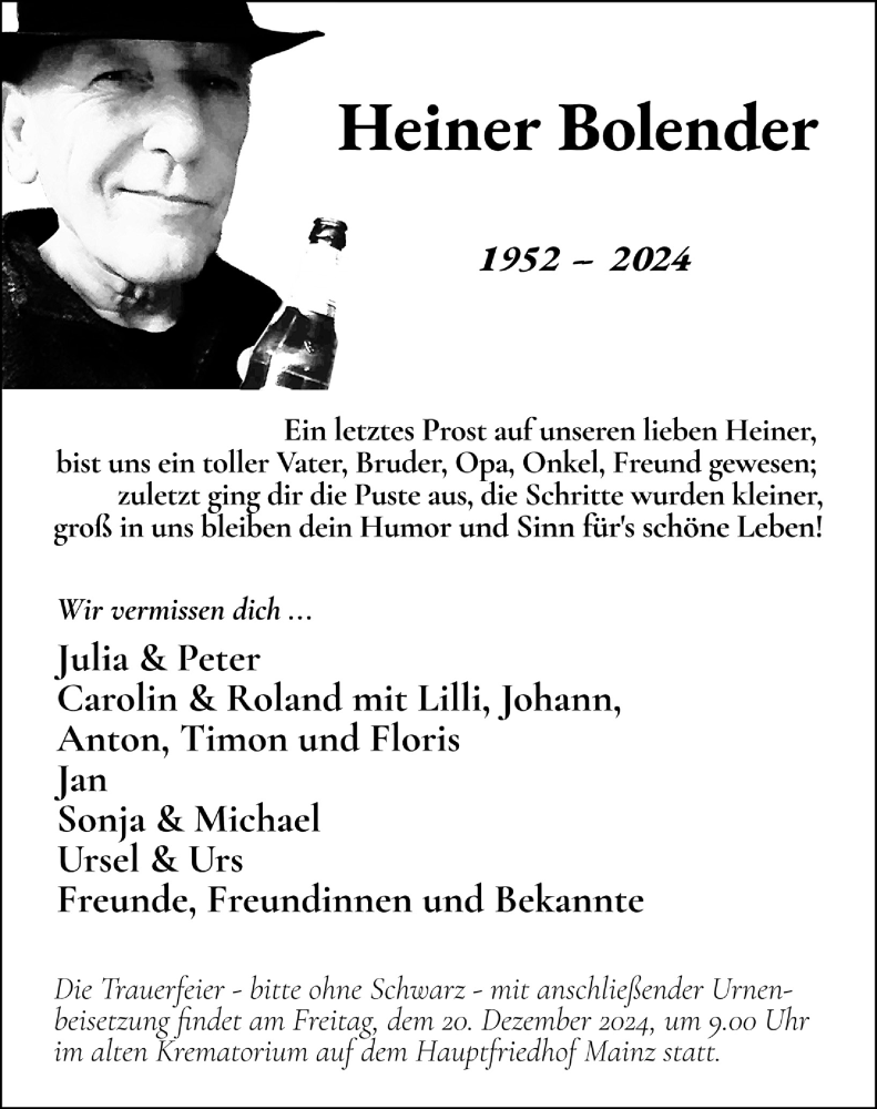  Traueranzeige für Heiner Bolender vom 14.12.2024 aus Allgemeine Zeitung Mainz