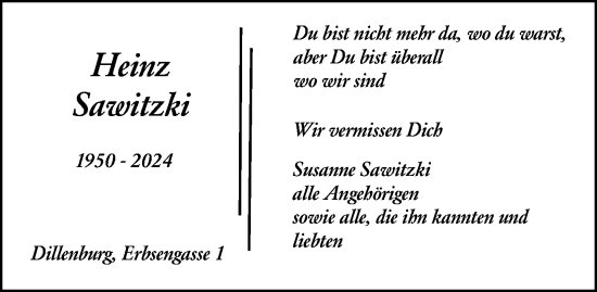 Traueranzeige von Heinz Sawitzki von Dill Block