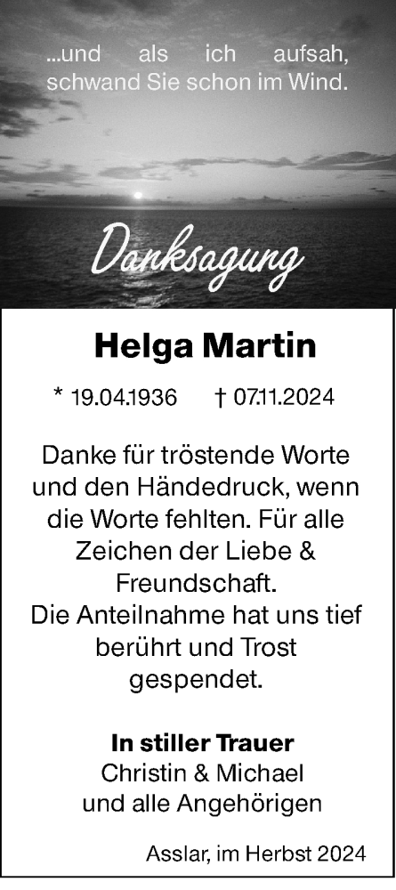 Traueranzeige von Helga Martin von Wetzlarer Neue Zeitung