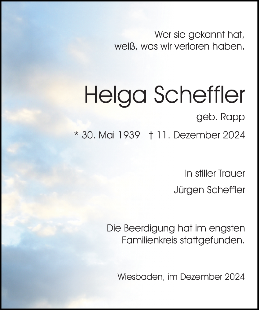  Traueranzeige für Helga Scheffler vom 21.12.2024 aus Wiesbadener Kurier