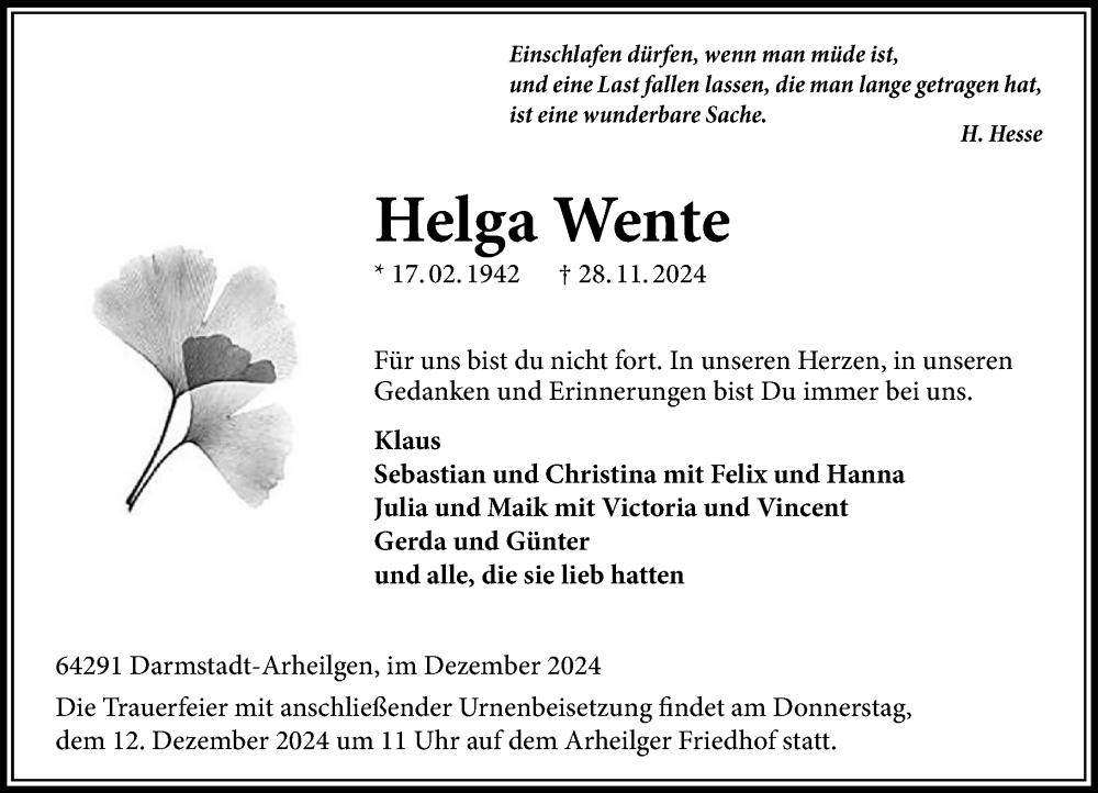  Traueranzeige für Helga Wente vom 07.12.2024 aus Darmstädter Echo