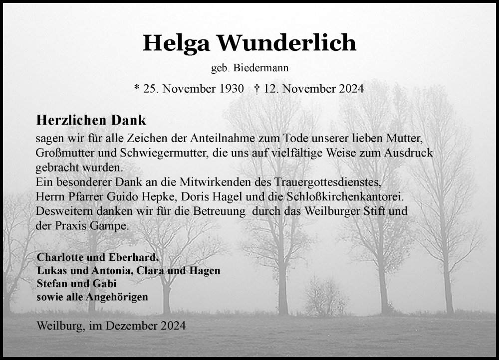  Traueranzeige für Helga Wunderlich vom 21.12.2024 aus Weilburger Tageblatt