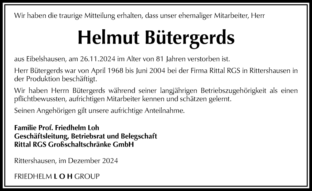  Traueranzeige für Helmut Bütergerds vom 07.12.2024 aus Dill Block