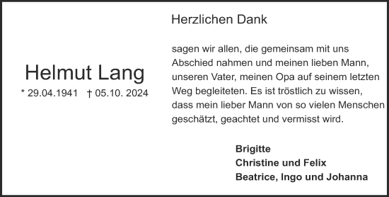Traueranzeige von Helmut Lang von Darmstädter Echo
