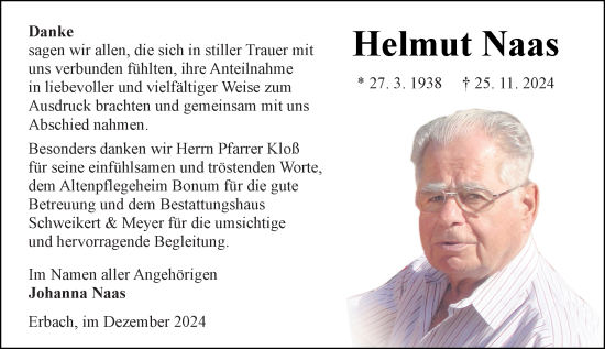 Traueranzeige von Helmut Naas von Odenwälder Echo