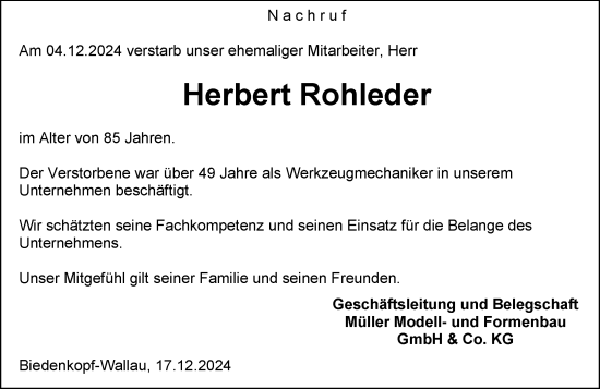 Traueranzeige von Herbert Rohleder von Hinterländer Anzeiger
